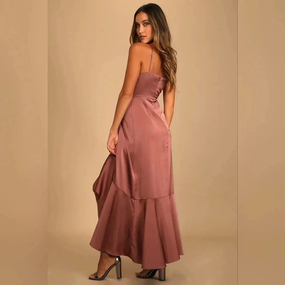 Lulu's Enchanted Moments Mauve Pink Satin Ruffled High-Low Dress Maxi Wedding - Picture 5 of 9